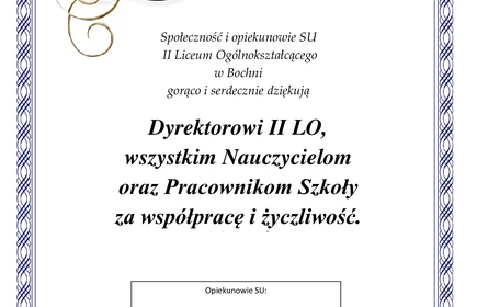 Podziękowanie od SU dla Dyrekcji, Nauczycieli i Pracowników szkoły