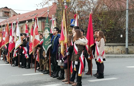 Na zdjęciu liczna grupa reprezentantów 2 LO w Bochni, w trakcie obchodów święta niepodległości